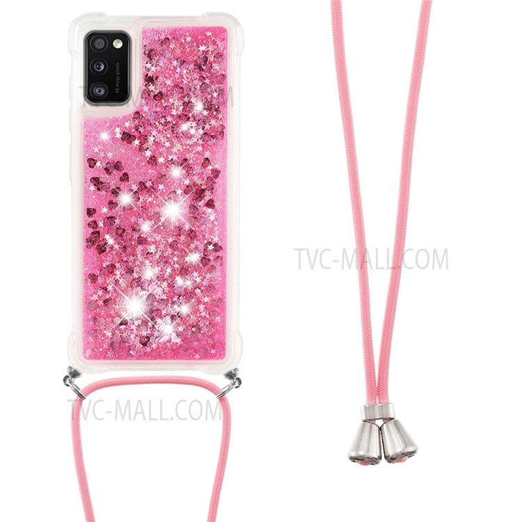 Glitter Quicksand Drop-proof Anti-scratch Soft TPU Phone Case Shell with Adjustable Lanyard for Samsung Galaxy A41 (Global Version) - Pink Hearts-3