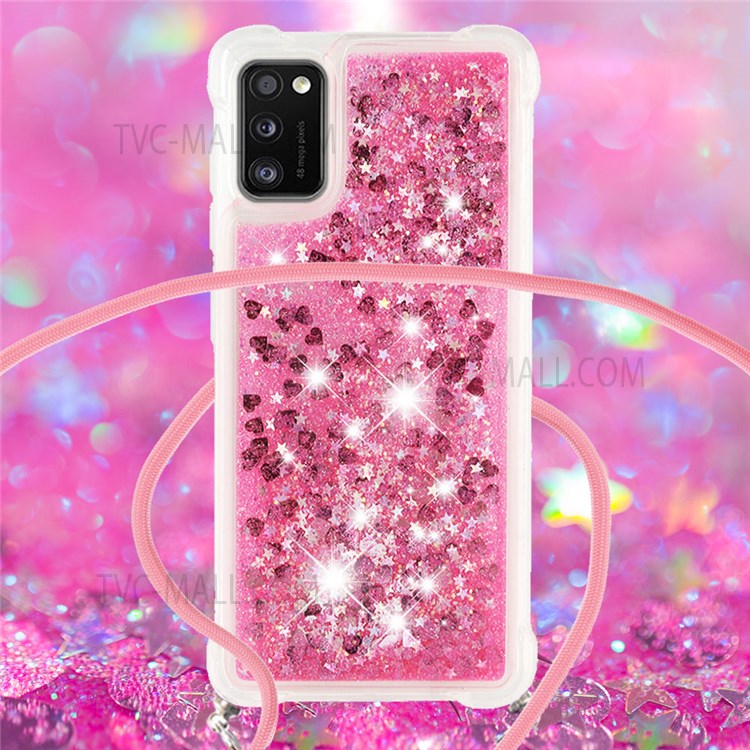 Glitter Quicksand Drop-proof Anti-scratch Soft TPU Phone Case Shell with Adjustable Lanyard for Samsung Galaxy A41 (Global Version) - Pink Hearts-4