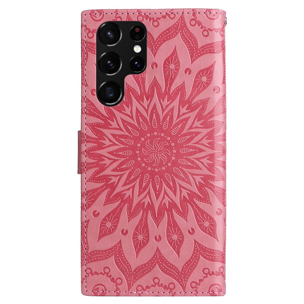 Sun Mandala Pattern Imprinted Cover Wallet Stand Anti-fall Leather Case with Wrist Strap for Samsung Galaxy S22 Ultra - Pink-3