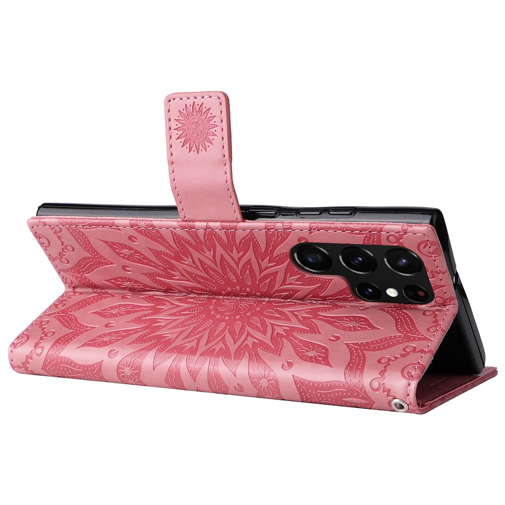 Sun Mandala Pattern Imprinted Cover Wallet Stand Anti-fall Leather Case with Wrist Strap for Samsung Galaxy S22 Ultra - Pink-4