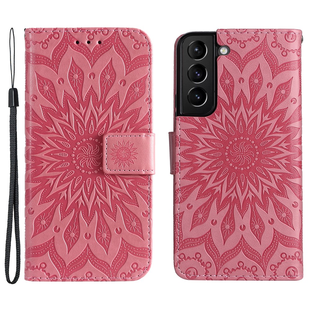 Sun Mandala Pattern Imprinted Cover Anti-scratch Stylish Wallet Stand Leather Case with Wrist Strap for Samsung Galaxy S22 - Pink-1