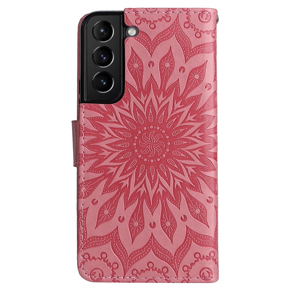 Sun Mandala Pattern Imprinted Cover Anti-scratch Stylish Wallet Stand Leather Case with Wrist Strap for Samsung Galaxy S22 - Pink-3