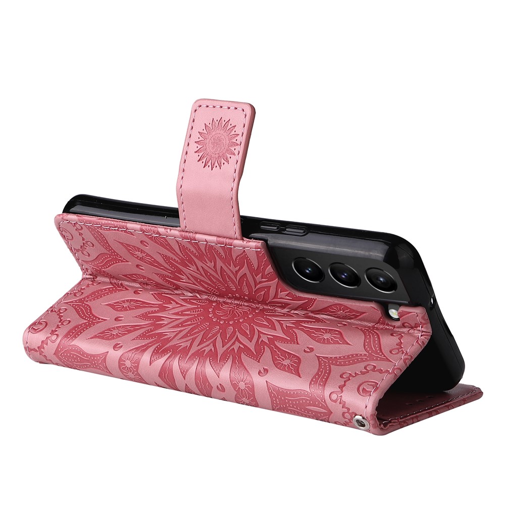 Sun Mandala Pattern Imprinted Cover Anti-scratch Stylish Wallet Stand Leather Case with Wrist Strap for Samsung Galaxy S22 - Pink-4