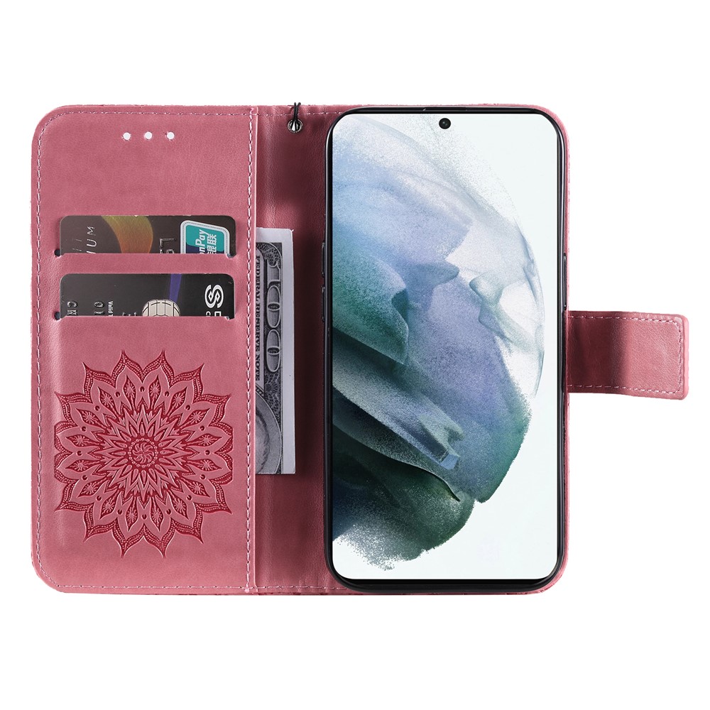 Sun Mandala Pattern Imprinted Cover Anti-scratch Stylish Wallet Stand Leather Case with Wrist Strap for Samsung Galaxy S22 - Pink-6