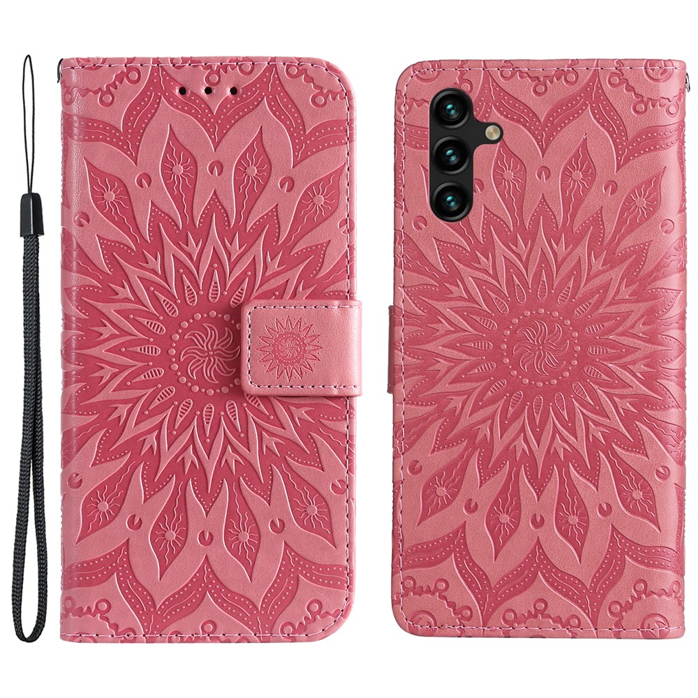 Sun Mandala Pattern Imprinted Cover Wallet Stand Well-Protected Drop-Proof Leather Case Shell with Lanyard for Samsung Galaxy A13 5G - Pink-1