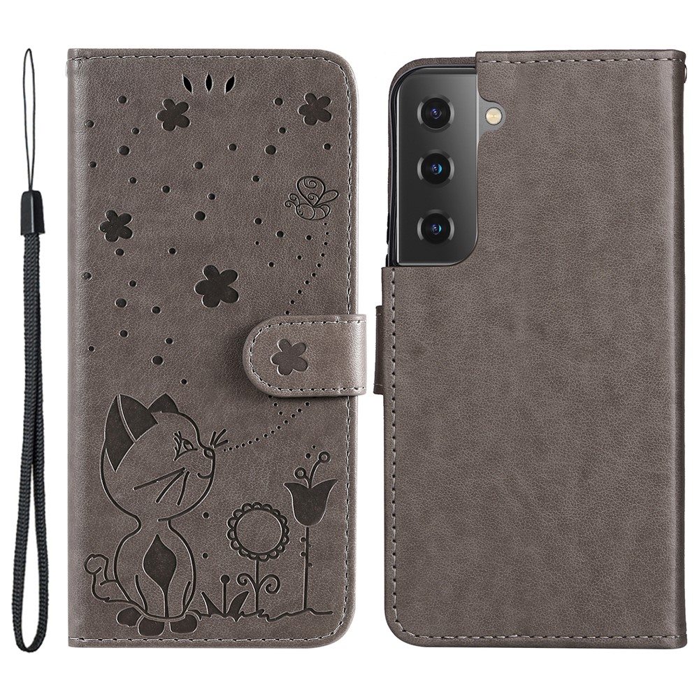 Cat and Bee Imprinted Magnetic Clasp Foldable Stand Leather Phone Wallet Cover Case with Wrist Strap for Samsung Galaxy S22 - Grey-1