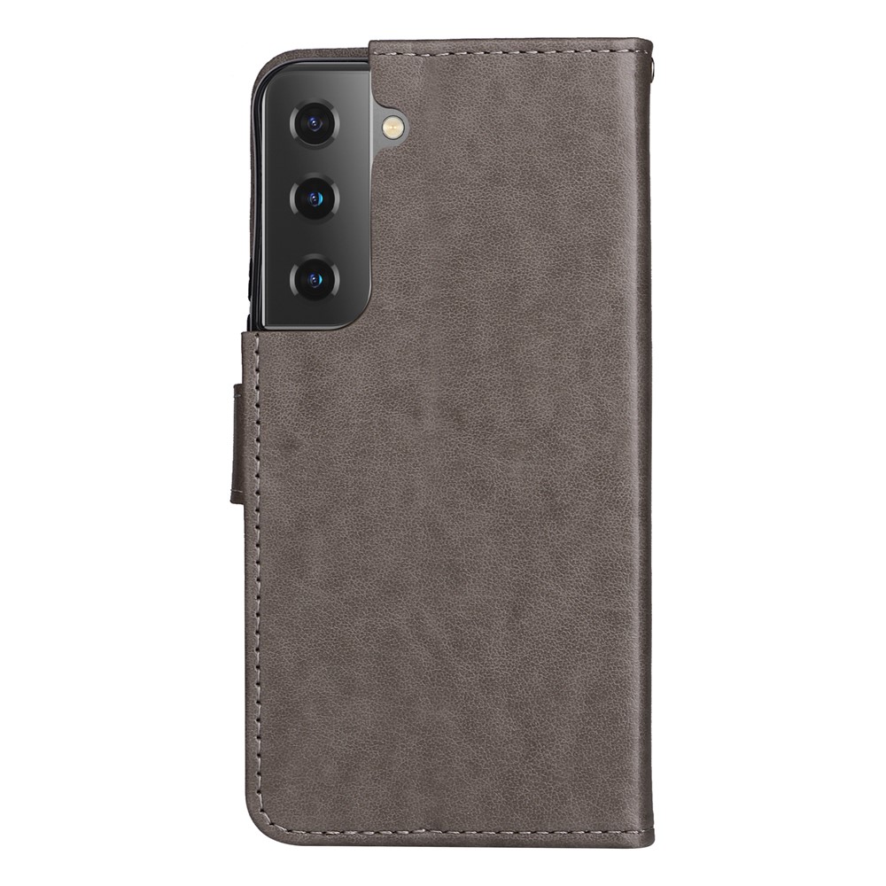 Cat and Bee Imprinted Magnetic Clasp Foldable Stand Leather Phone Wallet Cover Case with Wrist Strap for Samsung Galaxy S22 - Grey-4