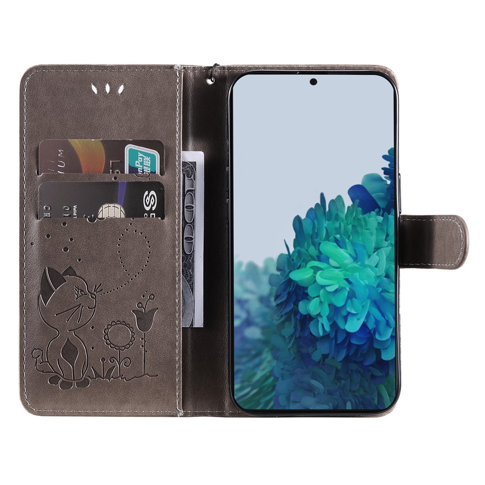 Cat and Bee Imprinted Magnetic Clasp Foldable Stand Leather Phone Wallet Cover Case with Wrist Strap for Samsung Galaxy S22 - Grey-5