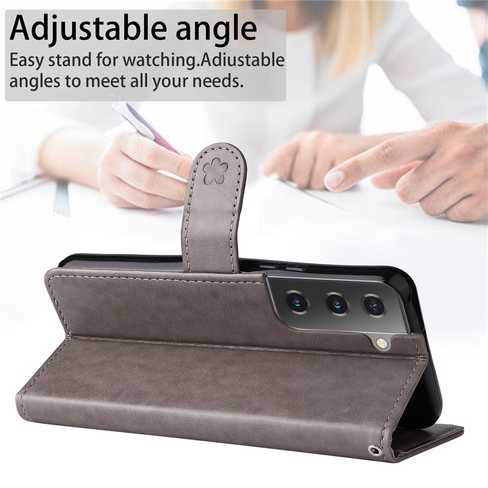 Cat and Bee Imprinted Magnetic Clasp Foldable Stand Leather Phone Wallet Cover Case with Wrist Strap for Samsung Galaxy S22 - Grey-8