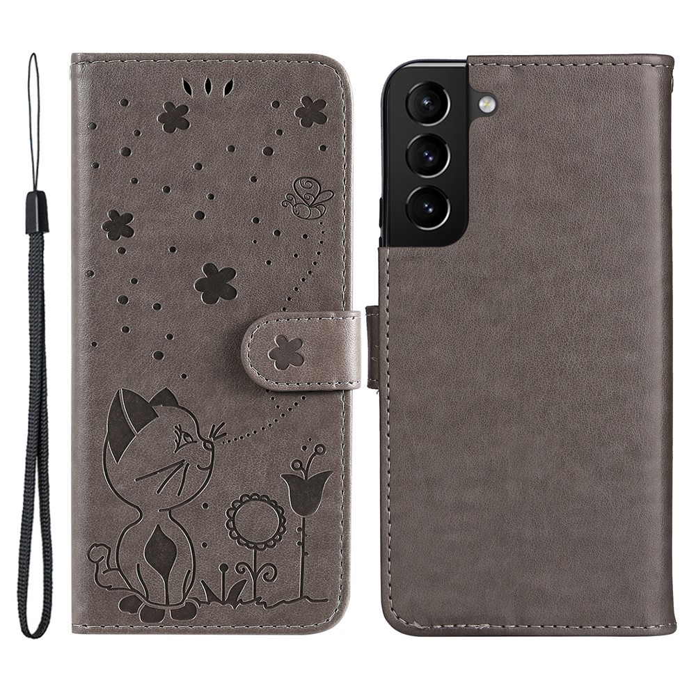 Cat and Bee Imprinted Full Protection Stand Wallet Leather Phone Case Cover with Hand Strap for Samsung Galaxy S22 Plus - Grey-1
