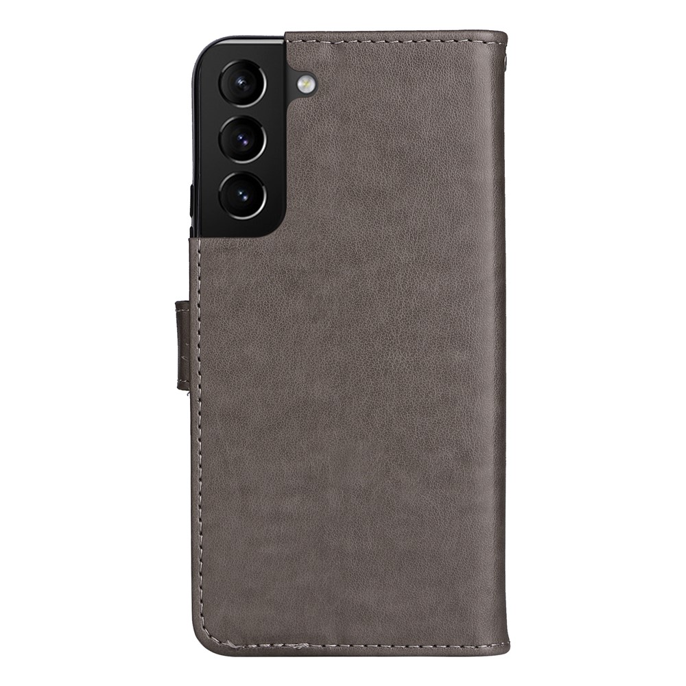 Cat and Bee Imprinted Full Protection Stand Wallet Leather Phone Case Cover with Hand Strap for Samsung Galaxy S22 Plus - Grey-4
