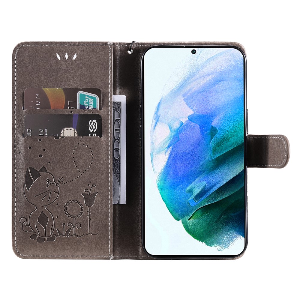 Cat and Bee Imprinted Full Protection Stand Wallet Leather Phone Case Cover with Hand Strap for Samsung Galaxy S22 Plus - Grey-5