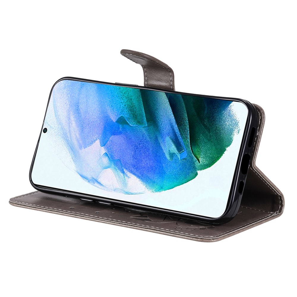 Cat and Bee Imprinted Full Protection Stand Wallet Leather Phone Case Cover with Hand Strap for Samsung Galaxy S22 Plus - Grey-6