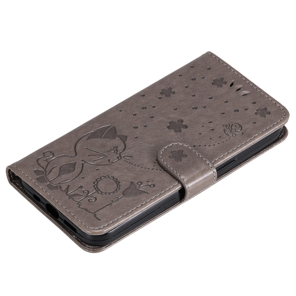 Cat and Bee Imprinted Full Protection Stand Wallet Leather Phone Case Cover with Hand Strap for Samsung Galaxy S22 Plus - Grey-8