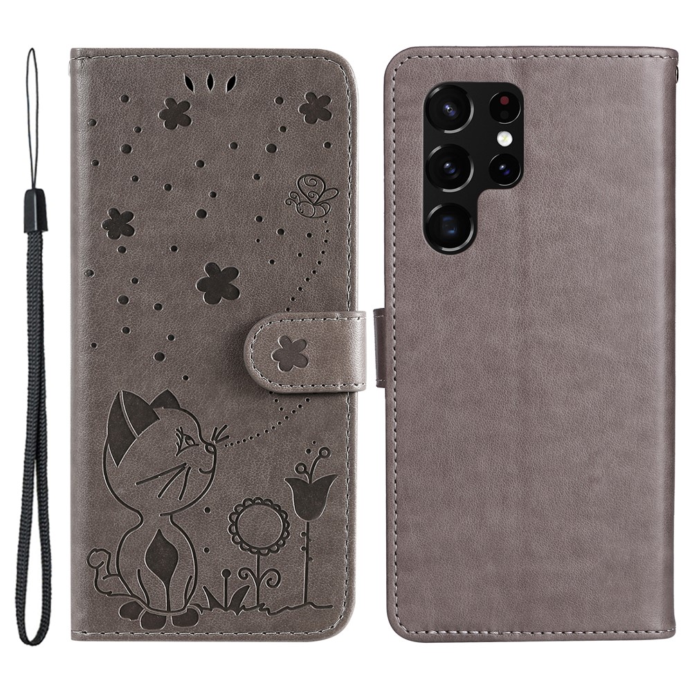Imprinting Cat and Bee PU Leather Wallet Cover Inner TPU Phone Case with Stand Function for Samsung Galaxy S22 Ultra - Grey-1
