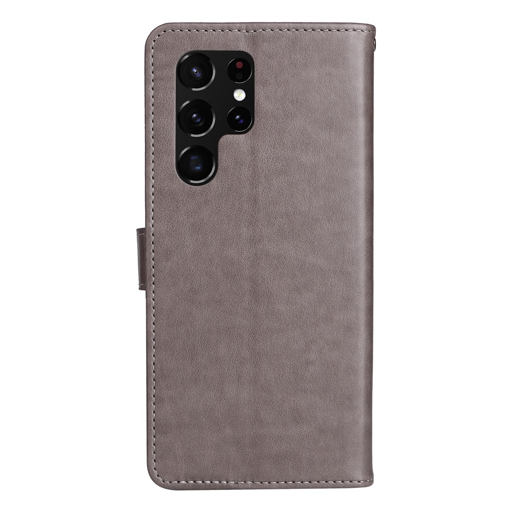 Imprinting Cat and Bee PU Leather Wallet Cover Inner TPU Phone Case with Stand Function for Samsung Galaxy S22 Ultra - Grey-4