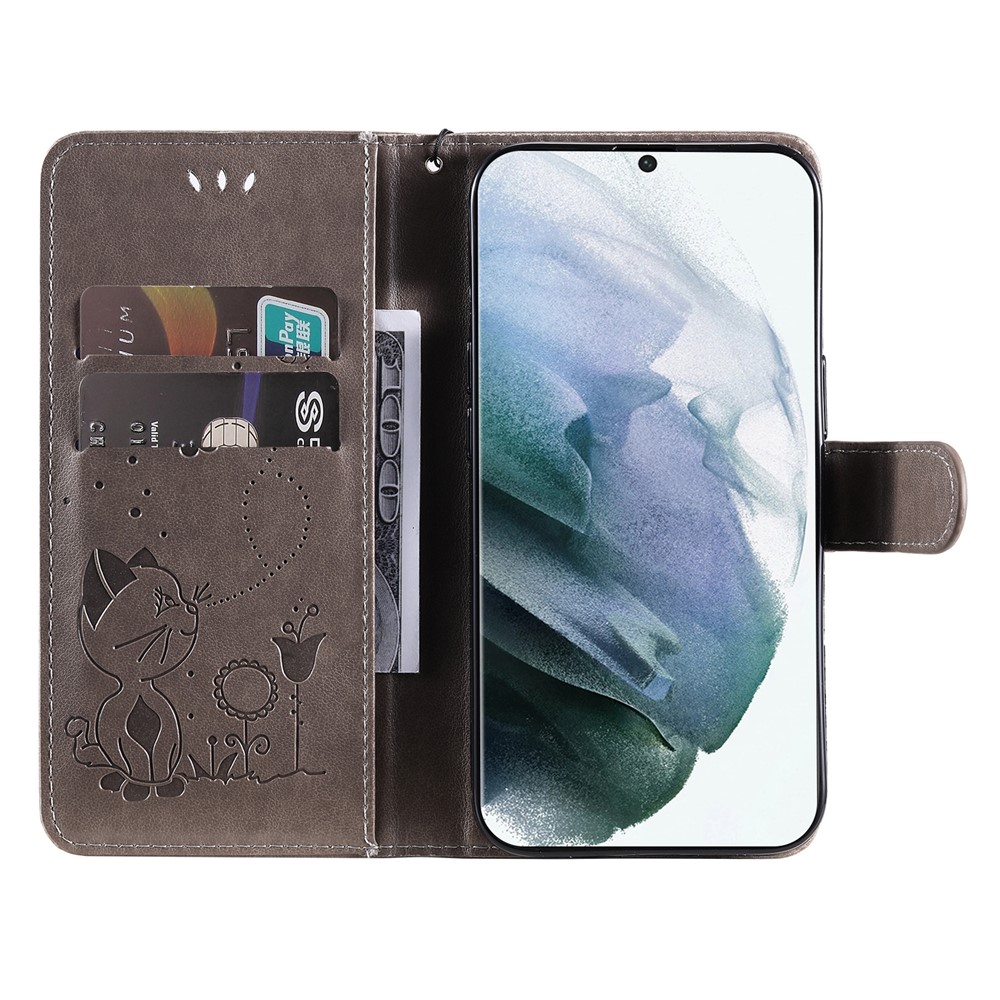 Imprinting Cat and Bee PU Leather Wallet Cover Inner TPU Phone Case with Stand Function for Samsung Galaxy S22 Ultra - Grey-5
