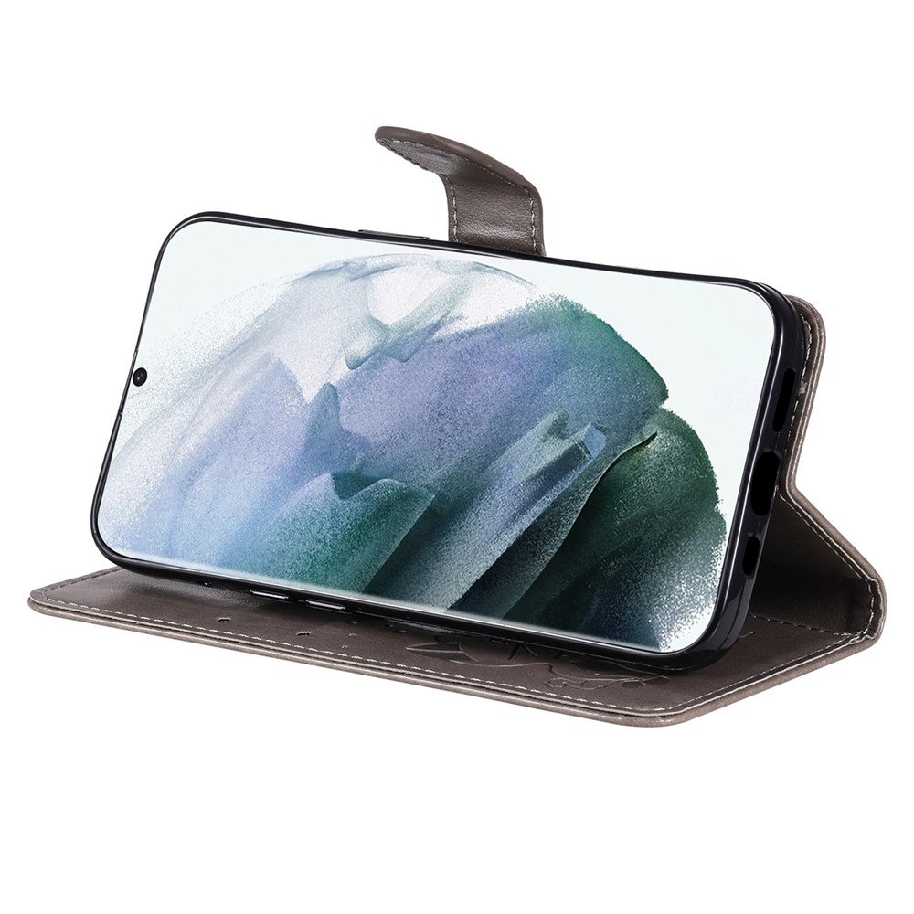 Imprinting Cat and Bee PU Leather Wallet Cover Inner TPU Phone Case with Stand Function for Samsung Galaxy S22 Ultra - Grey-6