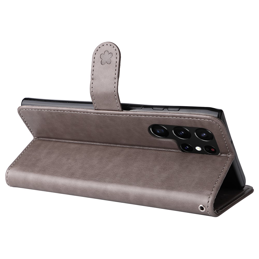 Imprinting Cat and Bee PU Leather Wallet Cover Inner TPU Phone Case with Stand Function for Samsung Galaxy S22 Ultra - Grey-7