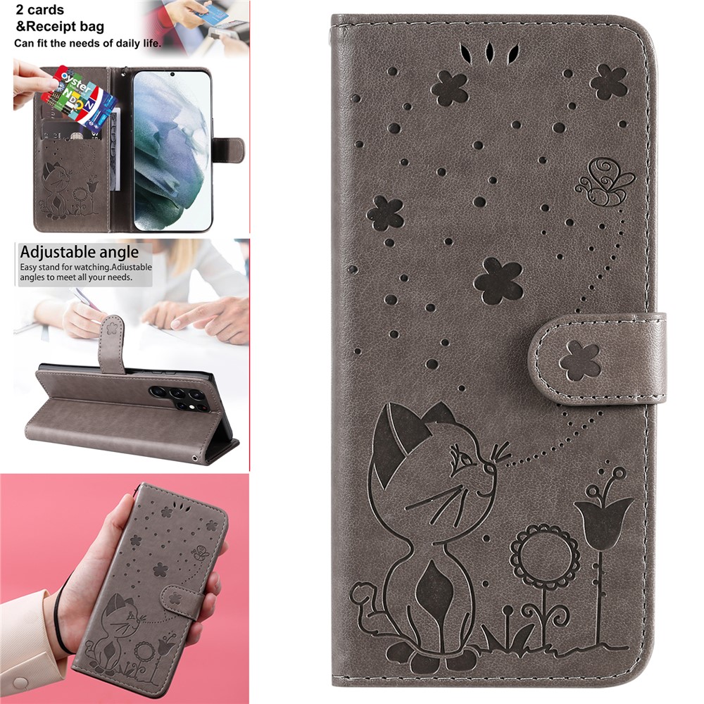 Imprinting Cat and Bee PU Leather Wallet Cover Inner TPU Phone Case with Stand Function for Samsung Galaxy S22 Ultra - Grey-9