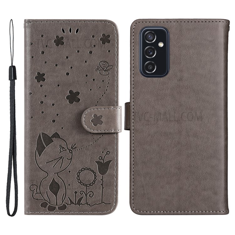 Magnetic Clasp Closure Imprinting Cat and Bee Leather Phone Stand Case Wallet Shell with Strap for Samsung Galaxy M52 5G - Grey-1