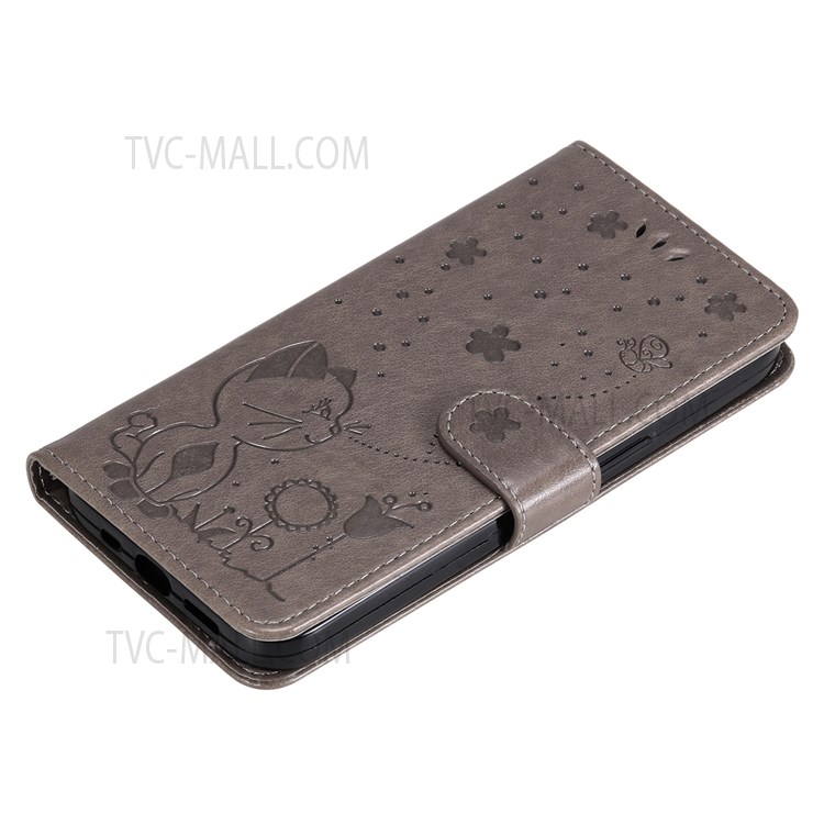Magnetic Clasp Closure Imprinting Cat and Bee Leather Phone Stand Case Wallet Shell with Strap for Samsung Galaxy M52 5G - Grey-9