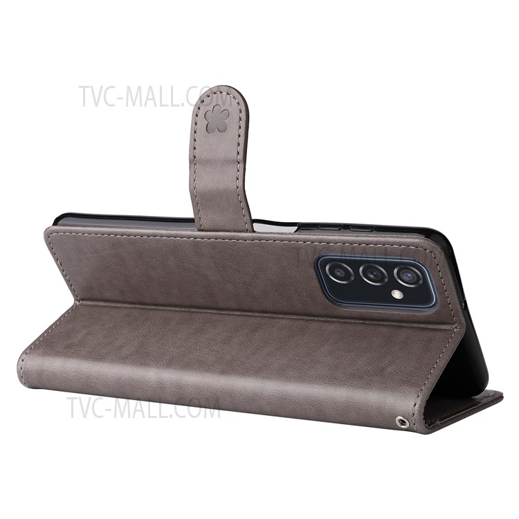 Magnetic Clasp Closure Imprinting Cat and Bee Leather Phone Stand Case Wallet Shell with Strap for Samsung Galaxy M52 5G - Grey-7