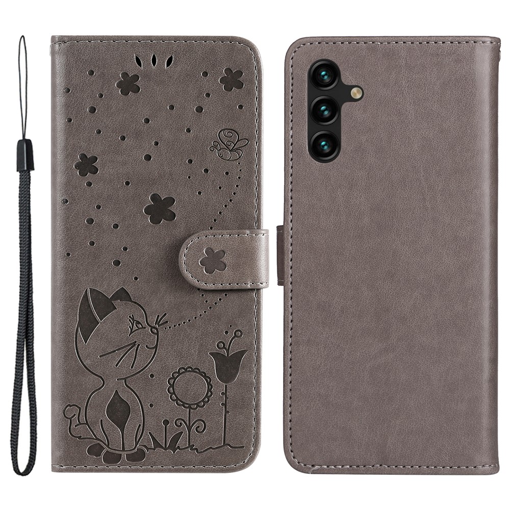 Imprinting Cat and Bee PU Leather Folio Flip Phone Case with Stand Wallet for Samsung Galaxy A13 5G - Grey-1