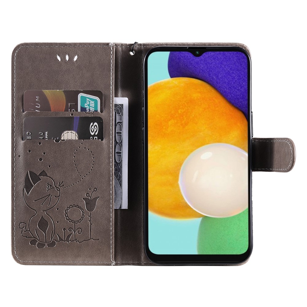 Imprinting Cat and Bee PU Leather Folio Flip Phone Case with Stand Wallet for Samsung Galaxy A13 5G - Grey-5