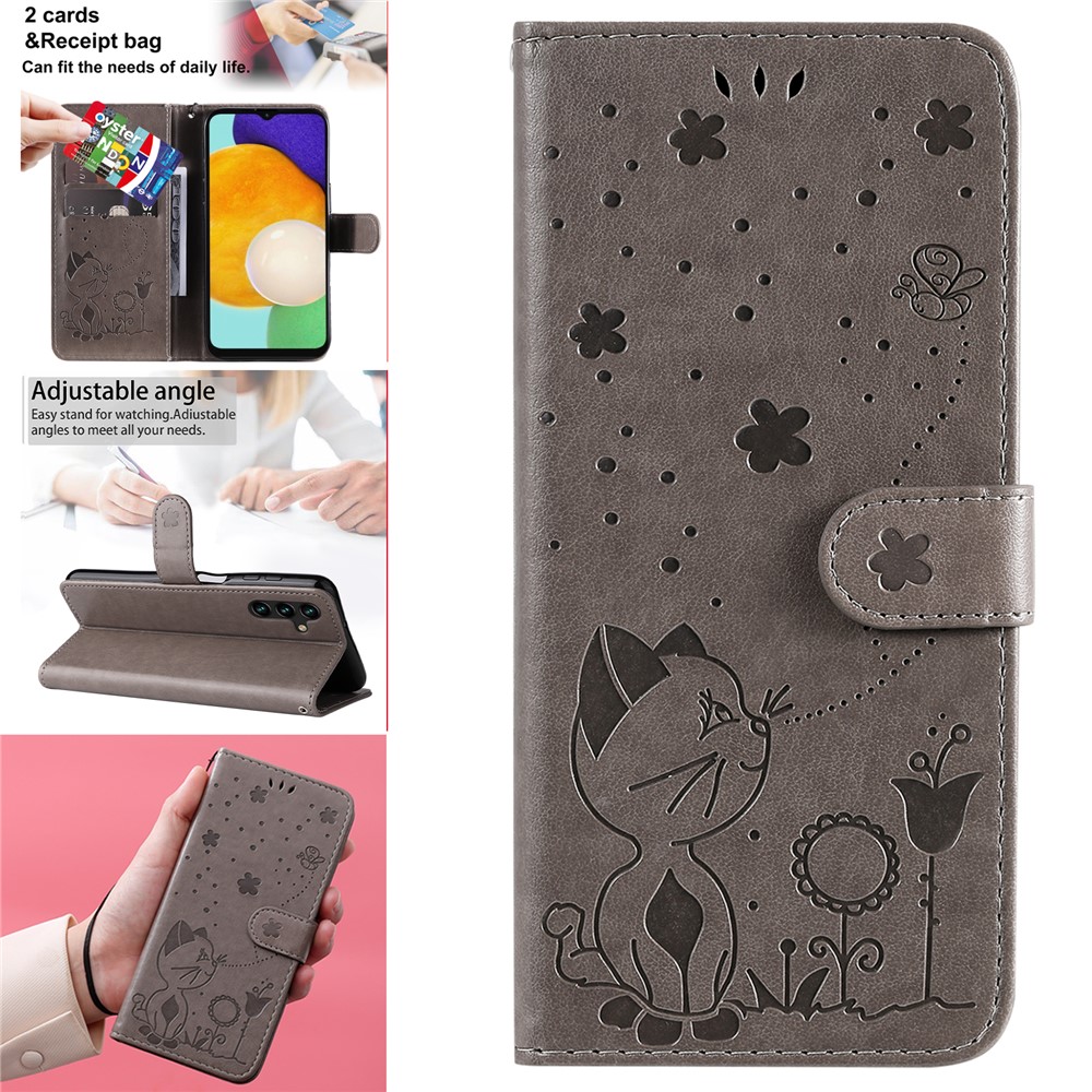 Imprinting Cat and Bee PU Leather Folio Flip Phone Case with Stand Wallet for Samsung Galaxy A13 5G - Grey-9