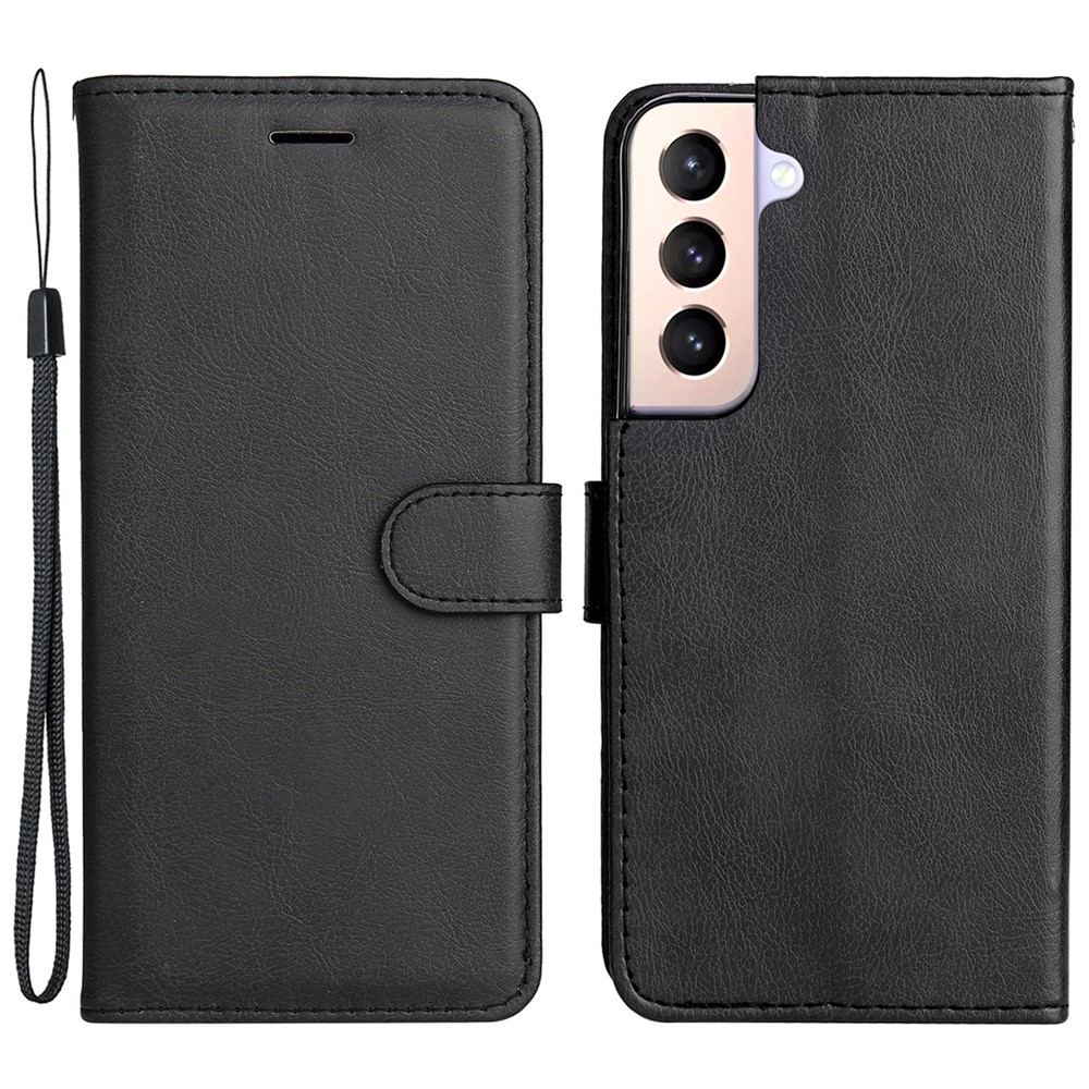 Solid Color PU Leather Mobile Phone Case Protective Cover with Wallet Stand for Samsung Galaxy S22 Plus - Black-1