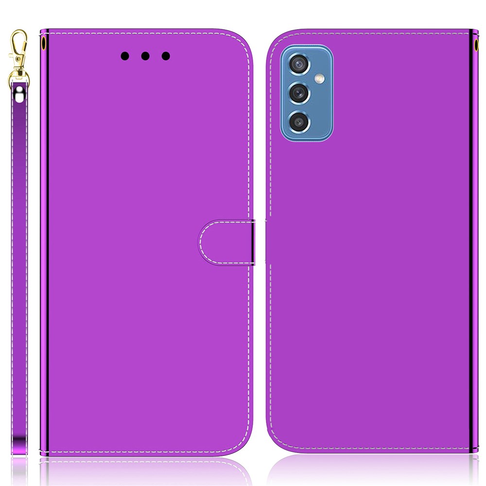 TPU Inner Case+Durable PU Leather Covering Mirror-like Surface Wallet Stand Phone Cover for Samsung Galaxy M52 5G - Purple-1