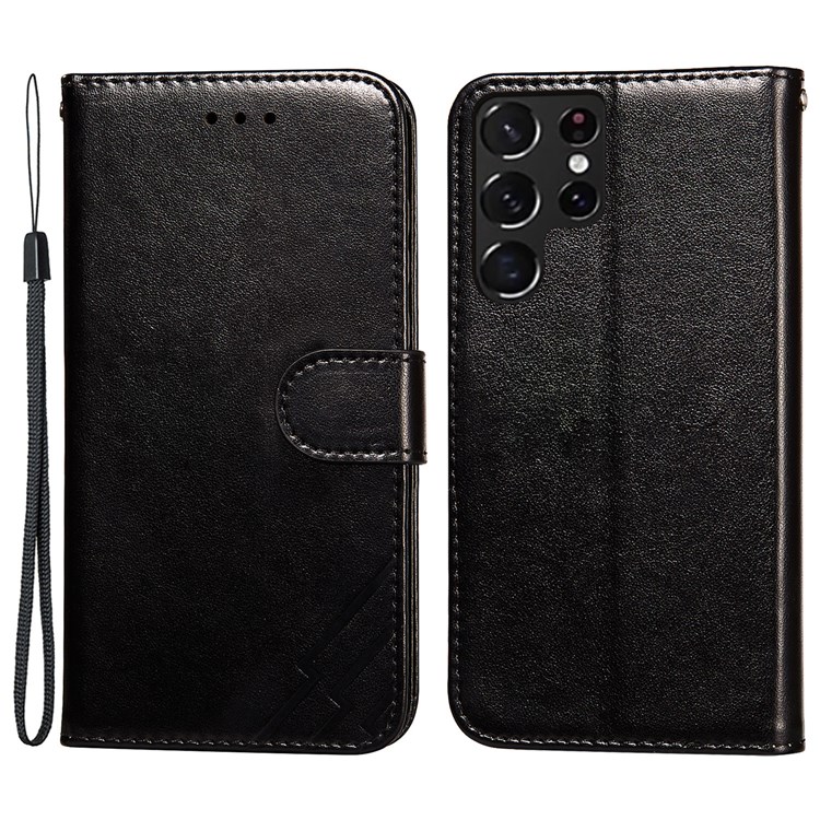 All-round Protection Phone Case Stand PU Leather and TPU Imprinted Three Stripes Pattern Wallet Phone Covering Shell for Samsung Galaxy S22 Ultra - Black-1
