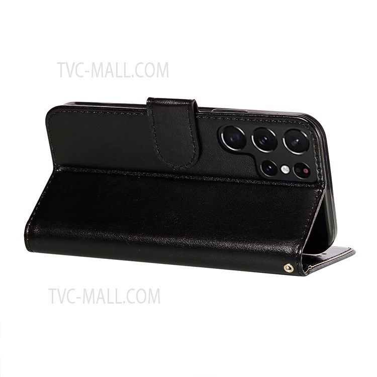 All-round Protection Phone Case Stand PU Leather and TPU Imprinted Three Stripes Pattern Wallet Phone Covering Shell for Samsung Galaxy S22 Ultra - Black-5
