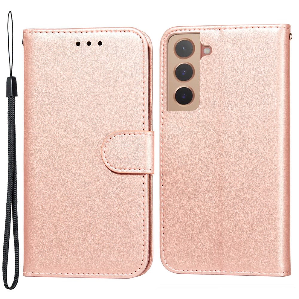 Anti-scratch Phone Covering TPU+PU Leather Wallet Stand Flip Smart Phone Case for Samsung Galaxy S22 - Rose Gold-1
