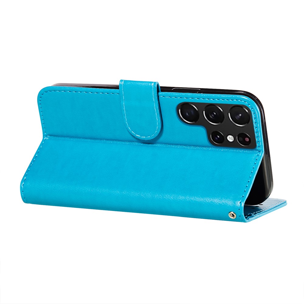 Anti-scratch Flip Phone Cover Solid Color PU Leather Wallet Stand Phone Case for Samsung Galaxy S22 Ultra - Blue-6