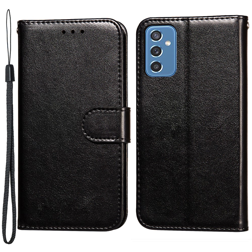 Wrist Strap Dual-sided Magnetic Closure Solid Color TPU+PU Leather Wallet Stand Flip Cover Phone Case for Samsung Galaxy M52 5G - Black-1