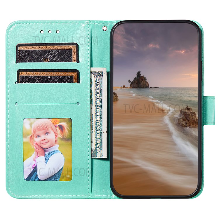 For Samsung Galaxy S22 Ultra Flip Phone Cover Imprint Flower Leather Wallet Stand Cover - Green-4