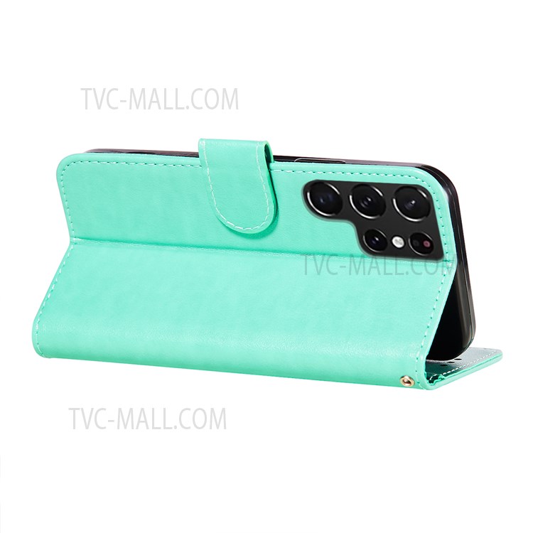 For Samsung Galaxy S22 Ultra Flip Phone Cover Imprint Flower Leather Wallet Stand Cover - Green-6