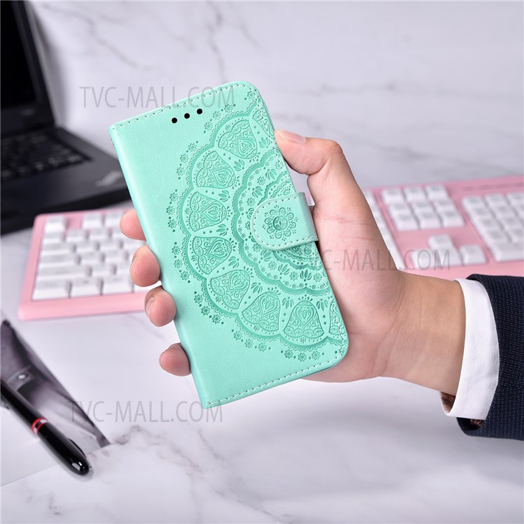 For Samsung Galaxy S22 Ultra Flip Phone Cover Imprint Flower Leather Wallet Stand Cover - Green-9