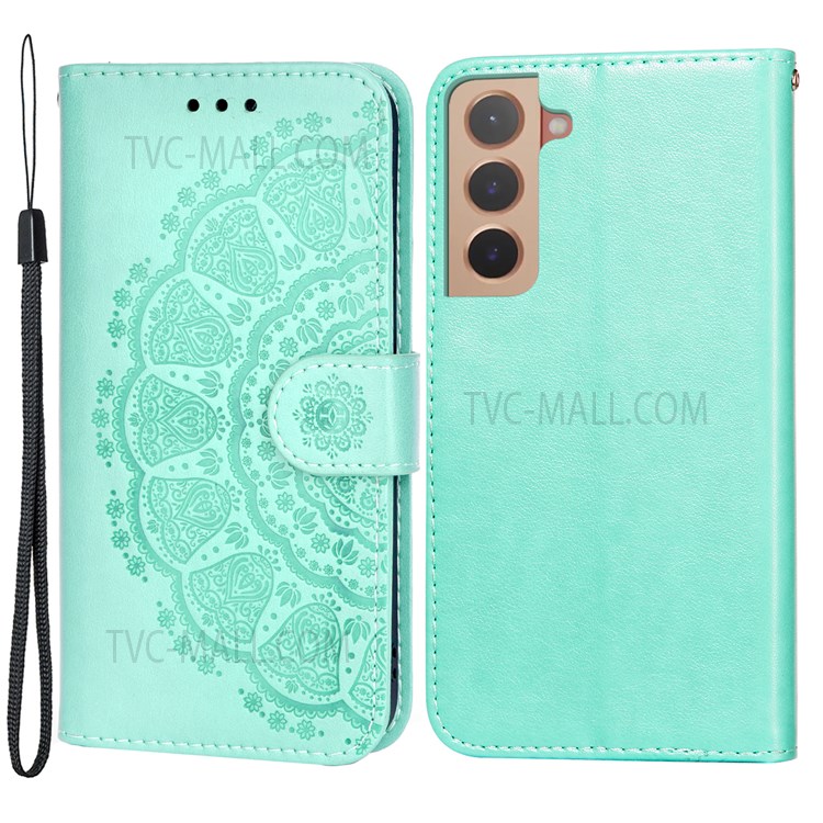 Flip Phone Cover Imprint Mandala Flower Leather Wallet Stand Mobile Phone Case for Samsung Galaxy S22 Plus - Green-1