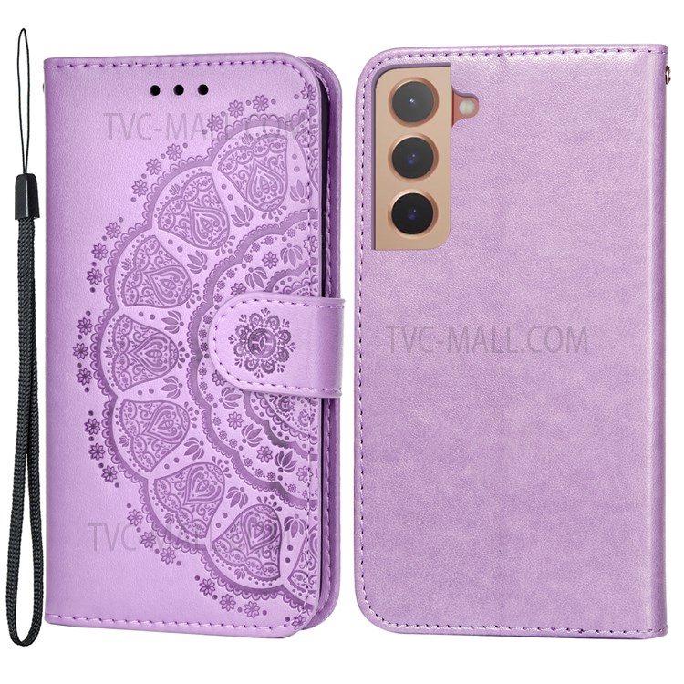 Foldable Stand Anti-scratch Flip Imprint Flower Leather Wallet Cover Case for Samsung Galaxy S22 - Purple-1