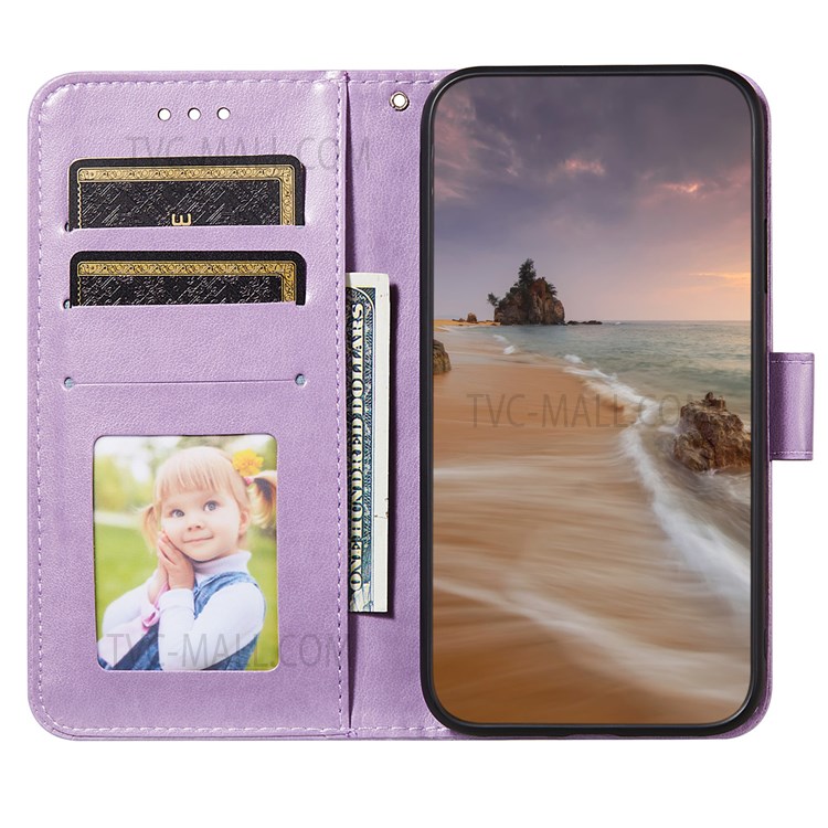 Foldable Stand Anti-scratch Flip Imprint Flower Leather Wallet Cover Case for Samsung Galaxy S22 - Purple-4