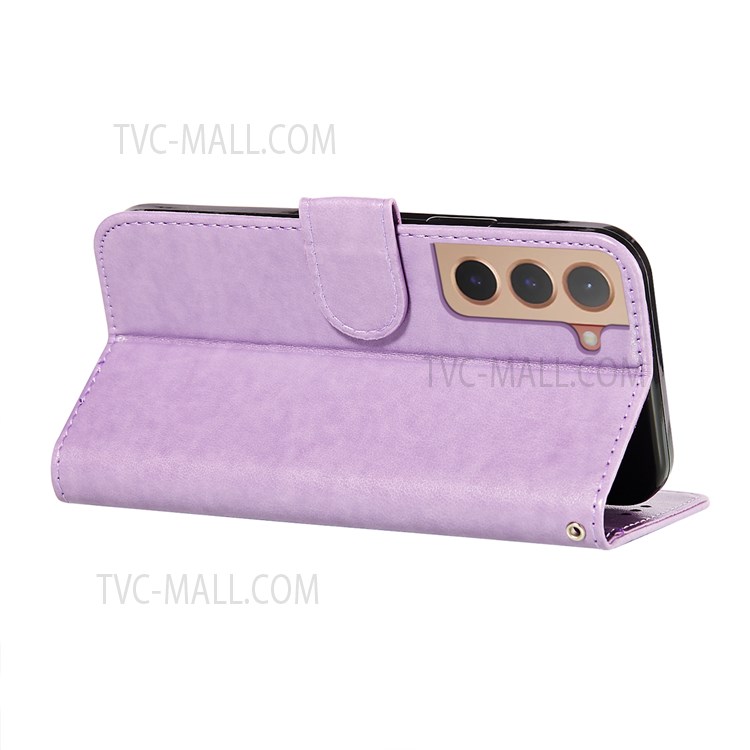 Foldable Stand Anti-scratch Flip Imprint Flower Leather Wallet Cover Case for Samsung Galaxy S22 - Purple-6