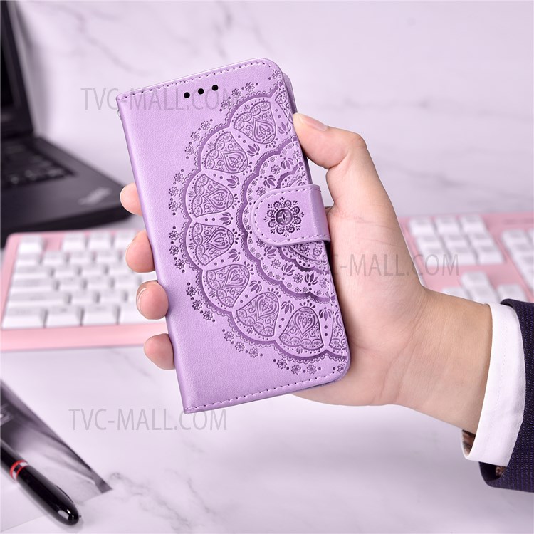 Foldable Stand Anti-scratch Flip Imprint Flower Leather Wallet Cover Case for Samsung Galaxy S22 - Purple-9