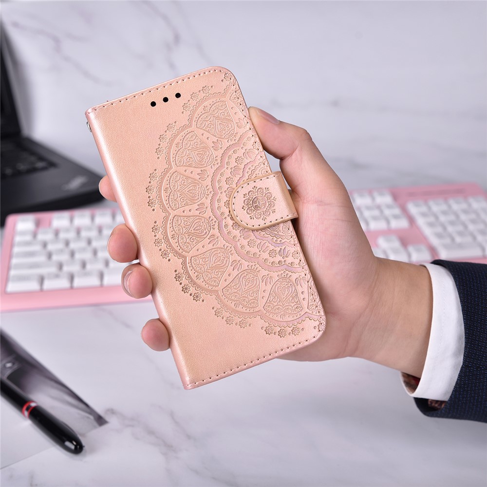 Flip Imprint Flower Leather Wallet Stand Cover Case for Samsung Galaxy A13 5G - Rose Gold-9