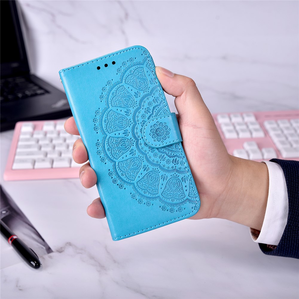 Imprinting Mandala Flower Pattern Horizontal Flip PU Leather Case Wallet Stand Protective Cover with Strap for Samsung Galaxy M52 5G - Blue-9