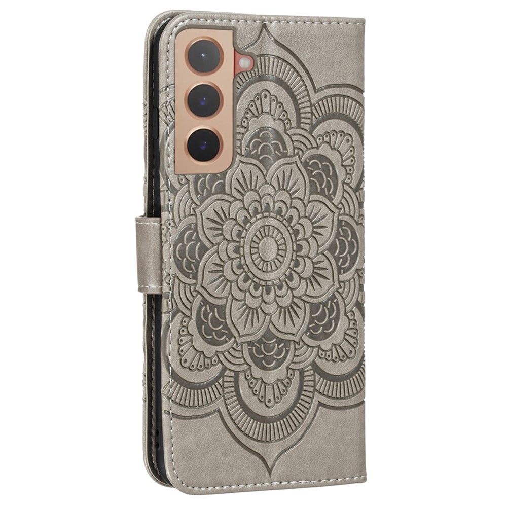 Stand Feature PU Leather Flip Imprinting Mandala Flower Wallet Phone Case with Strap for Samsung Galaxy S22 Plus - Grey-3
