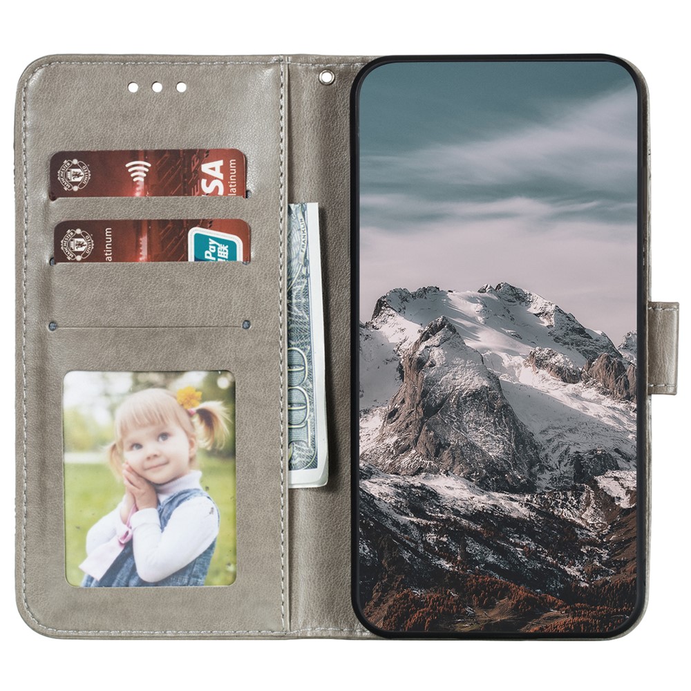 Stand Feature PU Leather Flip Imprinting Mandala Flower Wallet Phone Case with Strap for Samsung Galaxy S22 Plus - Grey-4