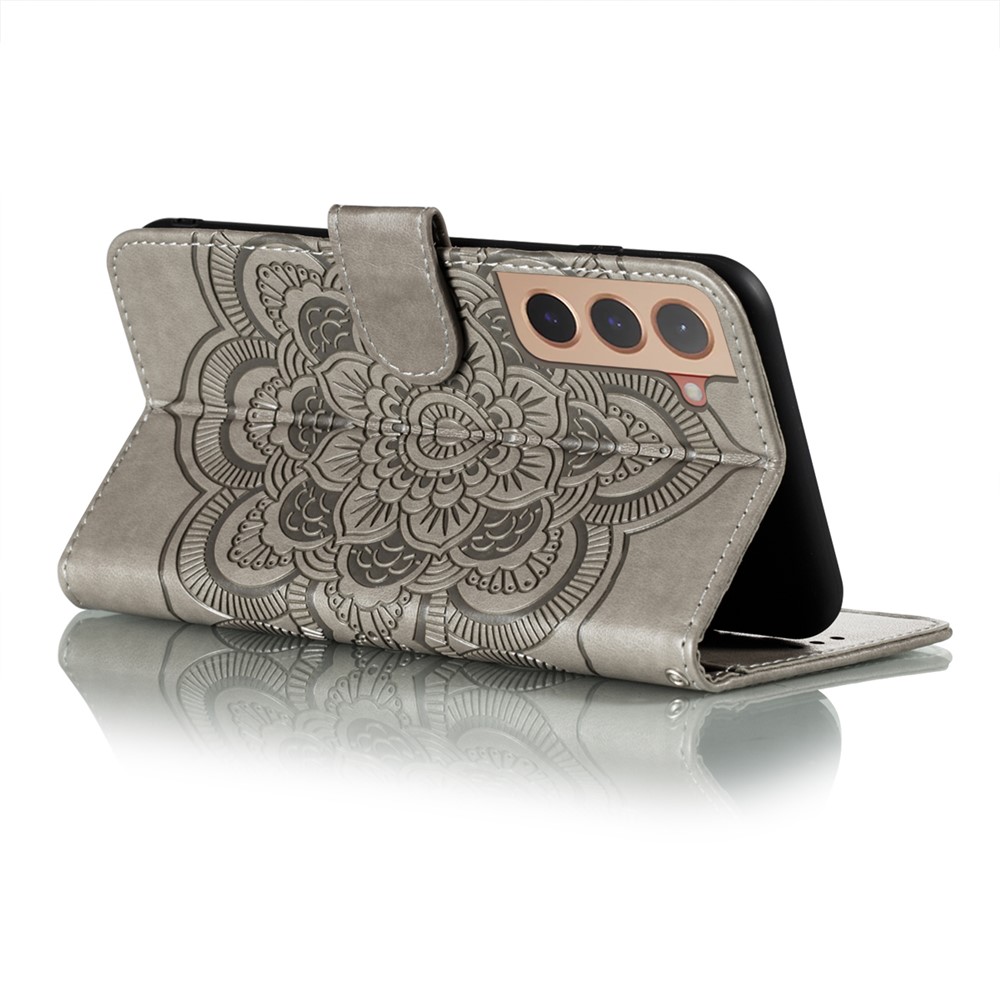 Stand Feature PU Leather Flip Imprinting Mandala Flower Wallet Phone Case with Strap for Samsung Galaxy S22 Plus - Grey-5